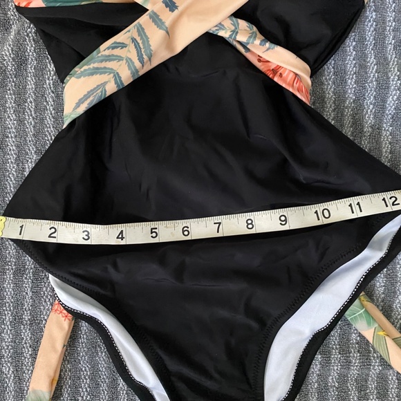 Black and Peach Floral Cross Over One Piece Swimsuit with ties - Picture 13 of 13